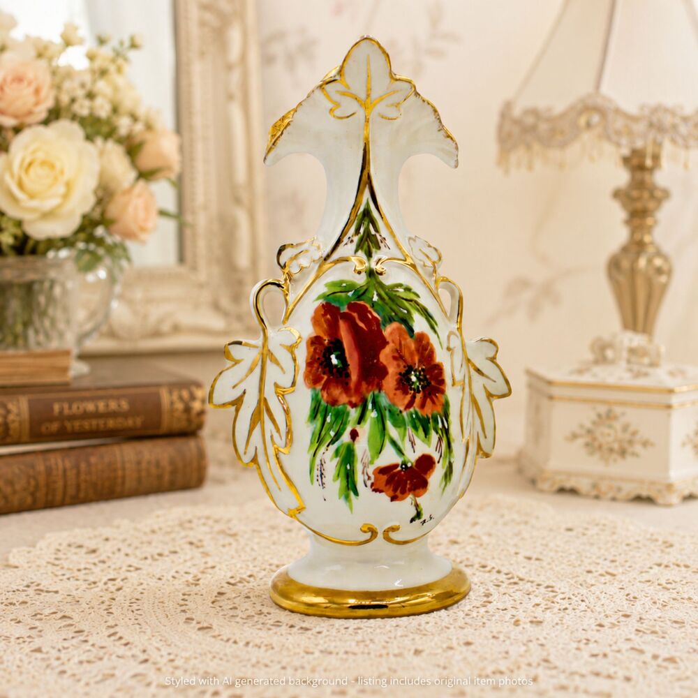 Vintage Eton Porcelain Vase Hand Painted Victorian Style Floral Gold Gilt Decor
